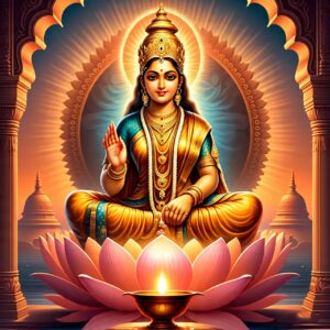 "कमल पर विराजमान माँ लक्ष्मी की छवि – शुक्रवार व्रत के लाभ, धन और सौभाग्य का प्रतीक चित्र"