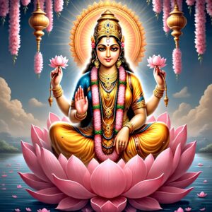 "कमल पर विराजमान माँ लक्ष्मी की छवि – शुक्रवार व्रत के लाभ, धन और सौभाग्य का प्रतीक चित्र"