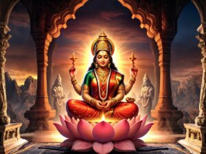 "कमल पर विराजमान माँ लक्ष्मी की छवि – शुक्रवार व्रत के लाभ, धन और सौभाग्य का प्रतीक चित्र"