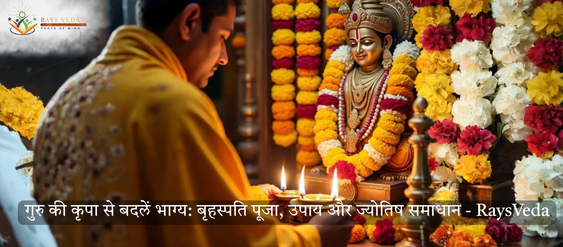 बृहस्पति पूजा करते हुए वैदिक ब्राह्मण – गुरु दोष निवारण और विवाह समाधान के लिए