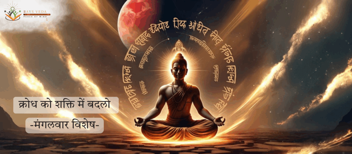 "एक ध्यानस्थ साधक जिसके पीछे चमकता हुआ मंगल ग्रह और संस्कृत मंत्रों की दिव्य आभा है, जो क्रोध को शक्ति में बदलने की आध्यात्मिक प्रक्रिया को दर्शाता है।"