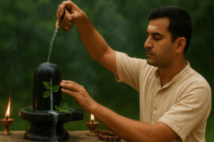 सावन सोमवार 2025 पर शिवलिंग पूजन और अभिषेक की भक्तिपूर्ण छवि