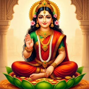 लक्ष्मी प्राप्ति के उपाय करते हुए भक्त, दीपक और कमल के साथ पूजा करते हुए