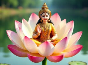 लक्ष्मी प्राप्ति के उपाय करते हुए भक्त, दीपक और कमल के साथ पूजा करते हुए