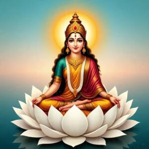 लक्ष्मी प्राप्ति के उपाय करते हुए भक्त, दीपक और कमल के साथ पूजा करते हुए